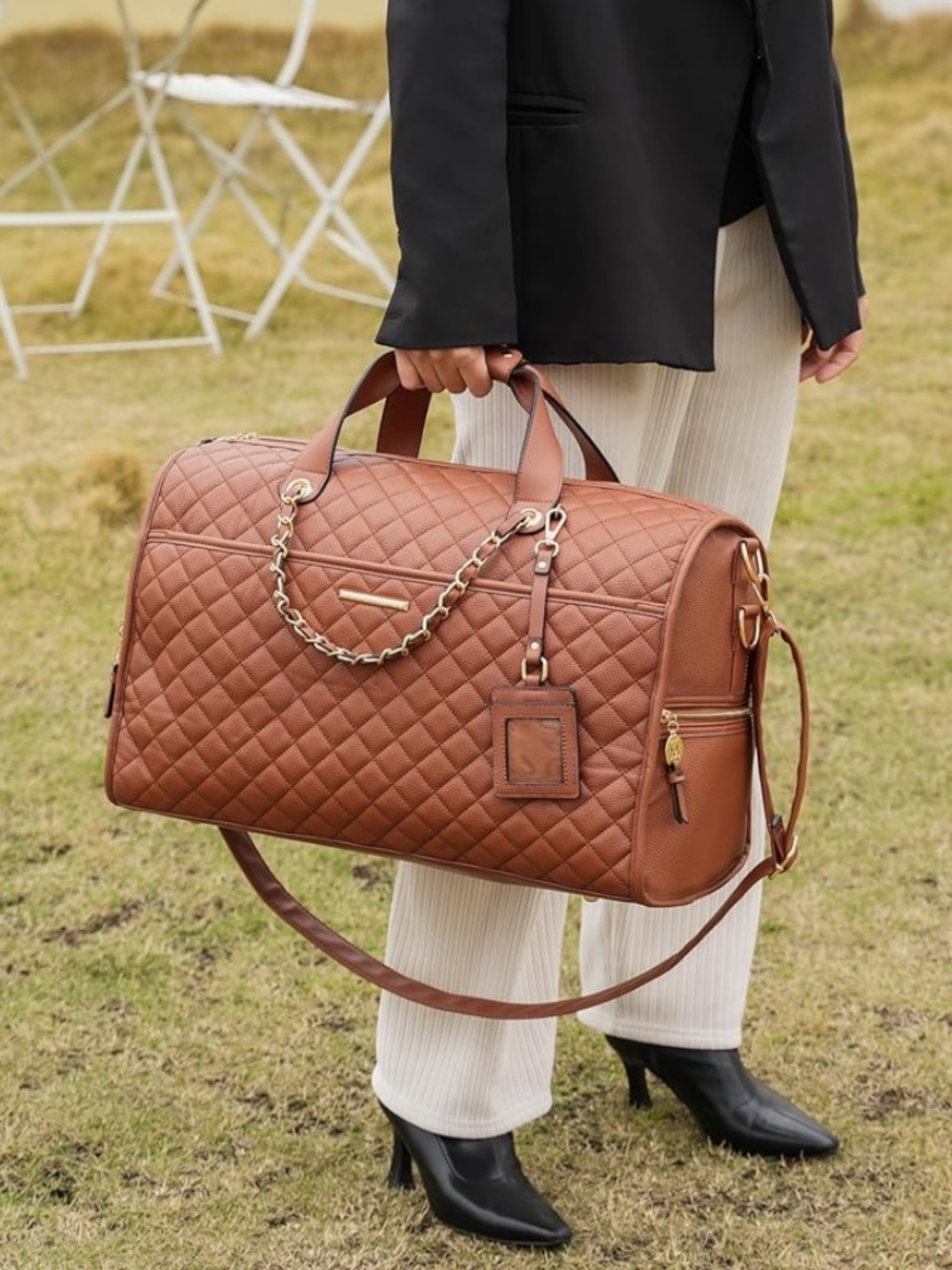 ~MKF Collection:Cognac Vegan Leather Duffle Bag w/Golden Hardware Detailing~